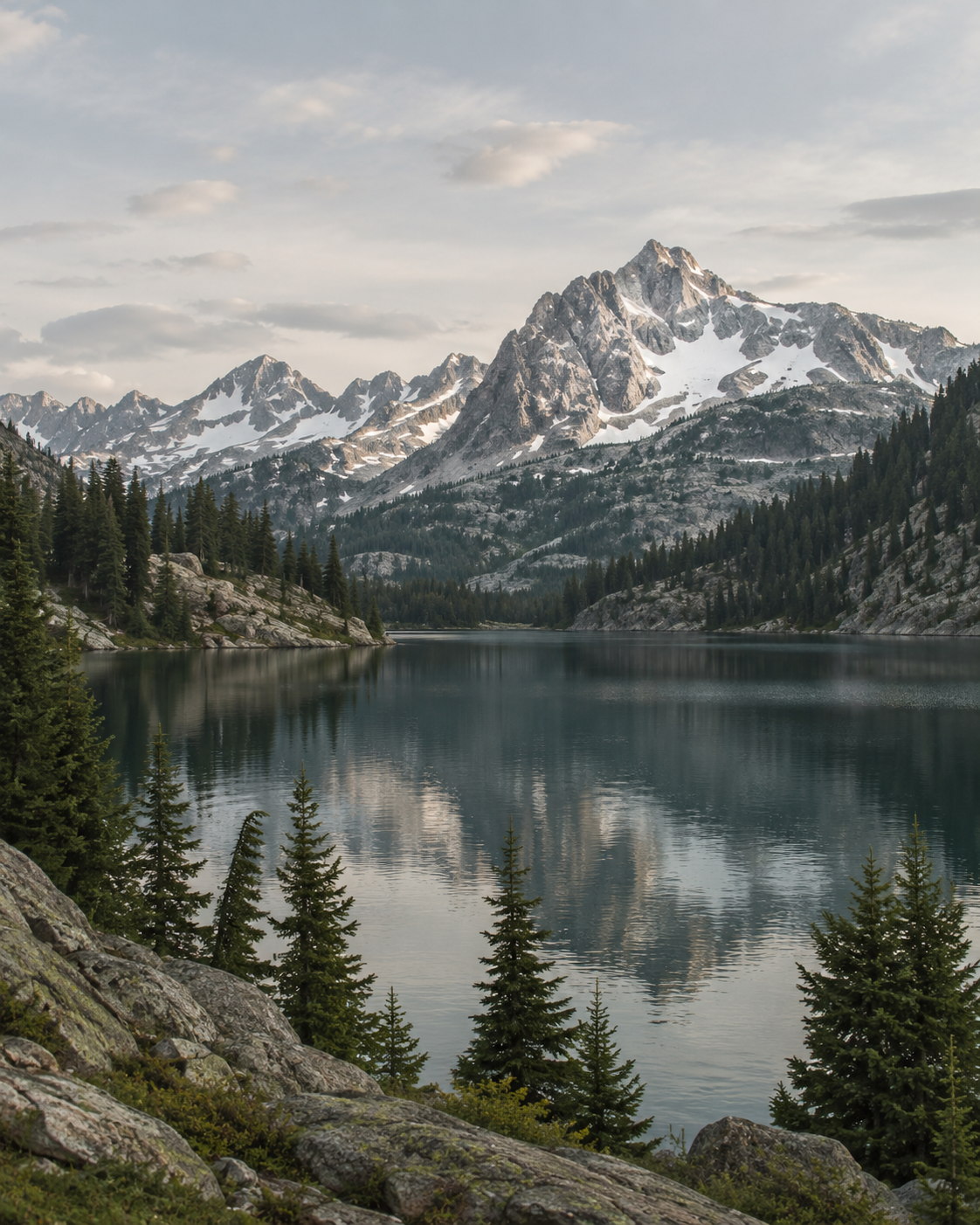 A calm alpine lake reflecting snow-capped mountains, framed by pine trees